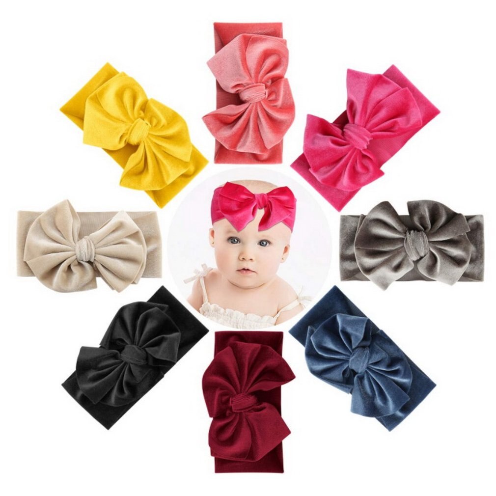 8 pièces/ensemble bandeau pour enfants avec nœud en velours doré Nylon extensible en velours étirement sans décorations de déformation