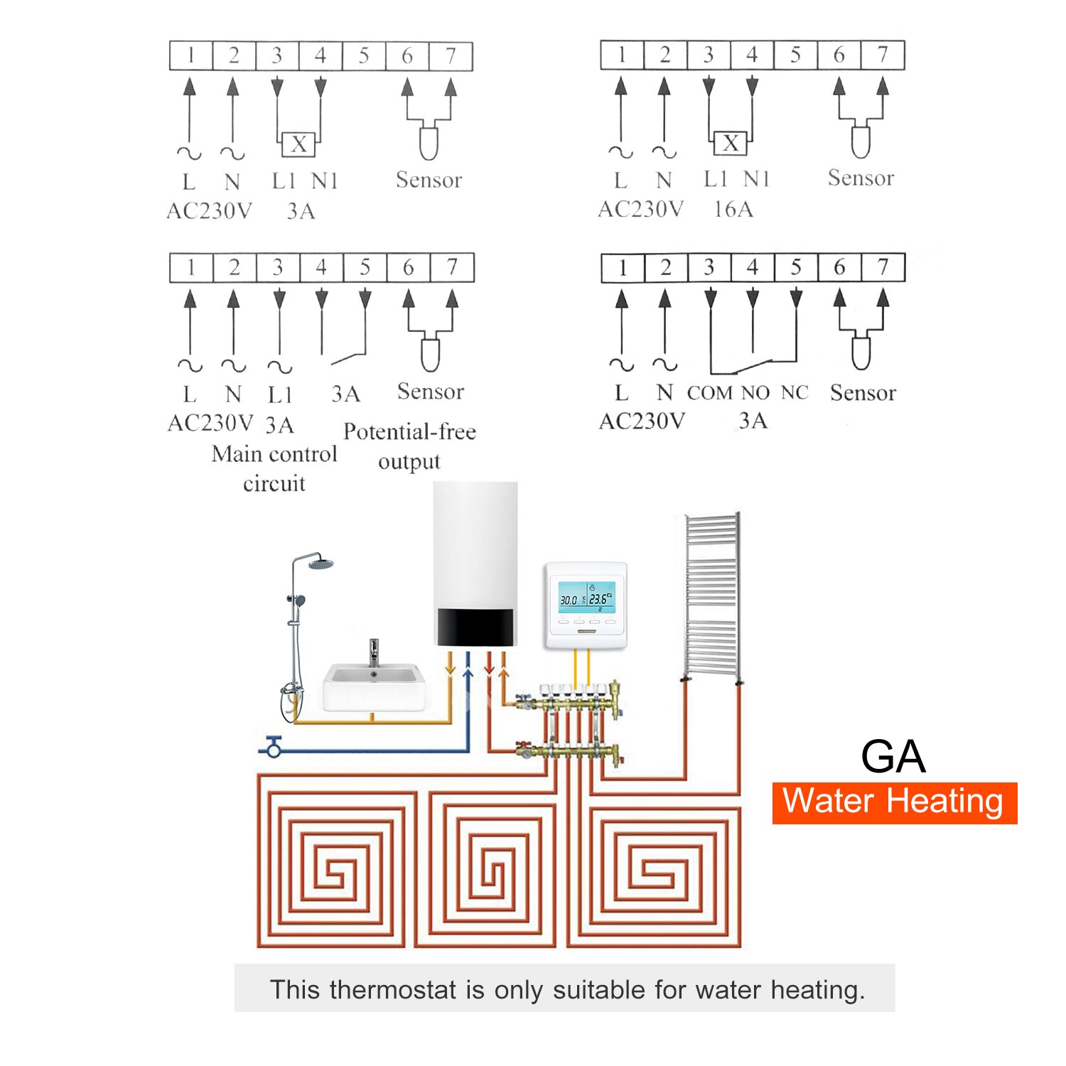Programmable Smart Thermostat for Water Heating Turn On/Off Actuator Buit-in Sensor with Backlight Digital Temprature Controller: GA Watering Heating