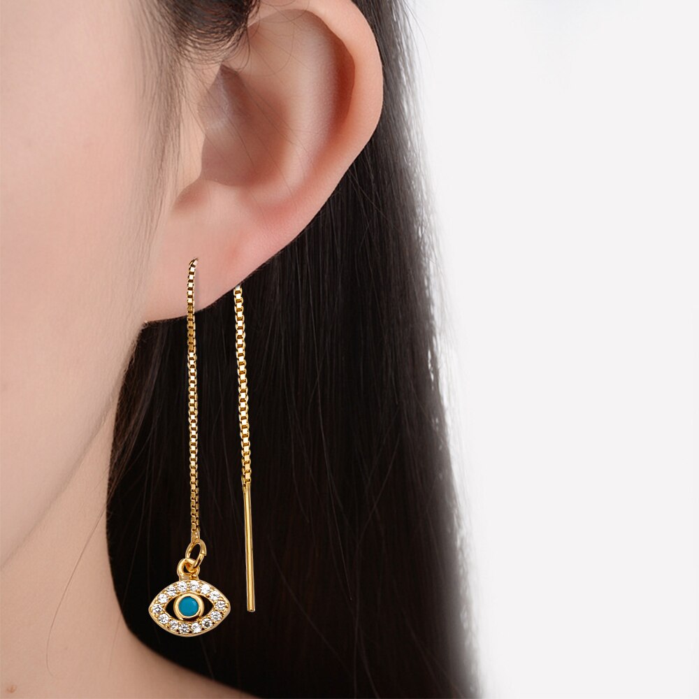 Lucky Eye Fatima Hamsa Hand Evil Eye Earrings Gold Color Tassel Chain Long Dangle Earrings for Women Girls Jewelry BD18