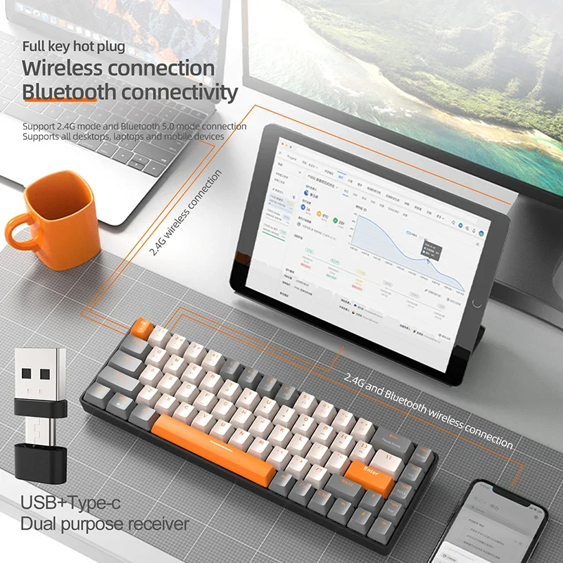 K68 2.4g/bt5.0 mekaniske spilltastaturer, 68 smakebit med hotswap, mini mekanisk spilltastatur, pbt-tastehetter, 65%  tastaturer