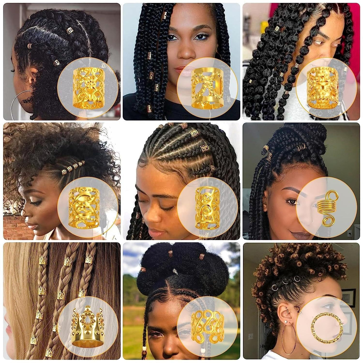 220 peças acessórios de cabelo dourados, joias loc para tranças, joias de cabelo femininas, punho de anel de cabelo de metal para dreadlocks acc