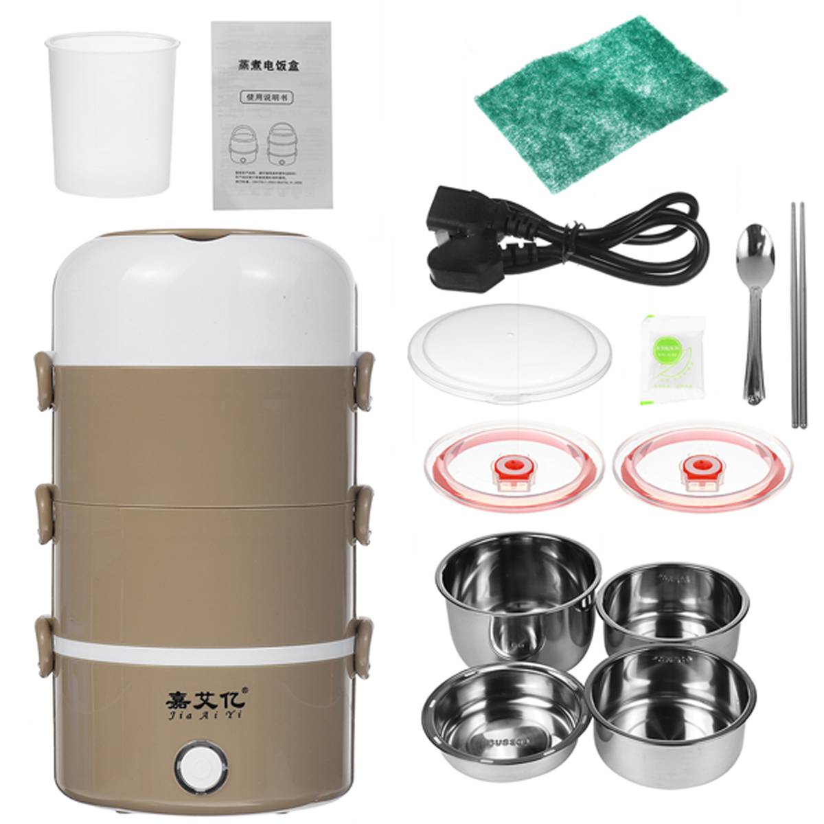 Electric Lunch Box 4 Layers Rice Cooker Cooking Steaming Lunch Heater Box for Office Home Food Steamer Container with Steel Bowl: Coffee