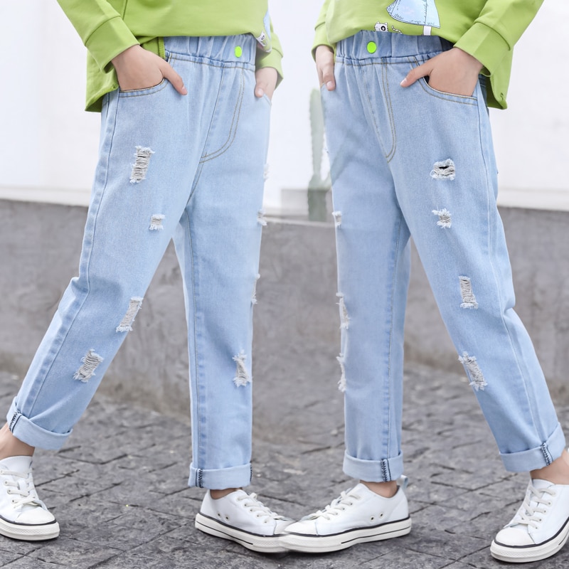 Piger jeans 4-13 år gammel bomuld vasket børn jeans koreanske jeans grøn knap flosset hul lange bukser børn jeans fritid