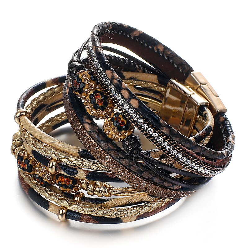 Flashbuy Big Resin 3 beads Leather Bracelets For Women Charms Rhinestone Multilayer Bangles & Bracelets Jewelry