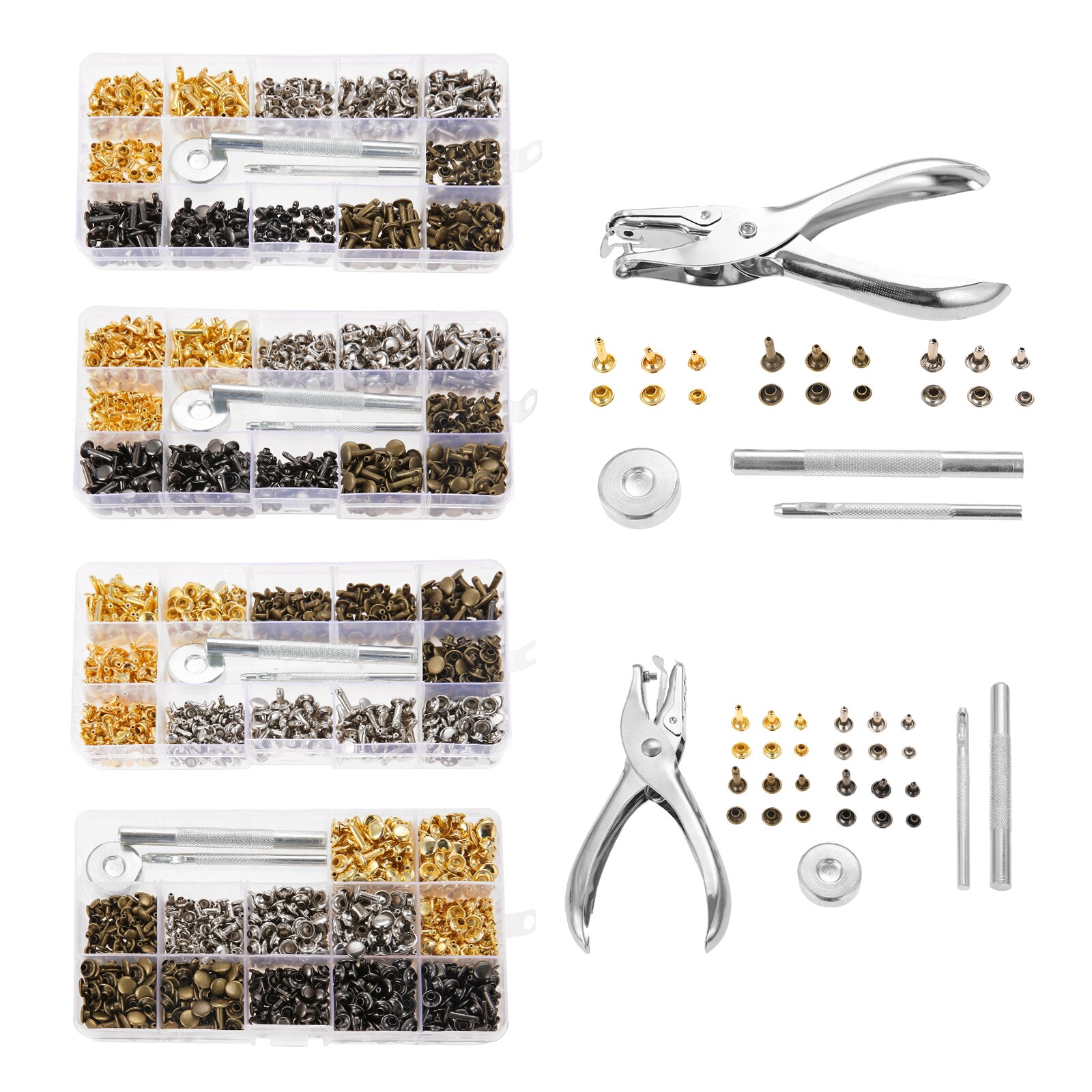 Remaches de cuero de doble tapa, tachuelas tubulares de Metal + alicates de perforación + herramienta de ajuste de 3 piezas para artesanía de cuero, juegos de 240/300/360/480