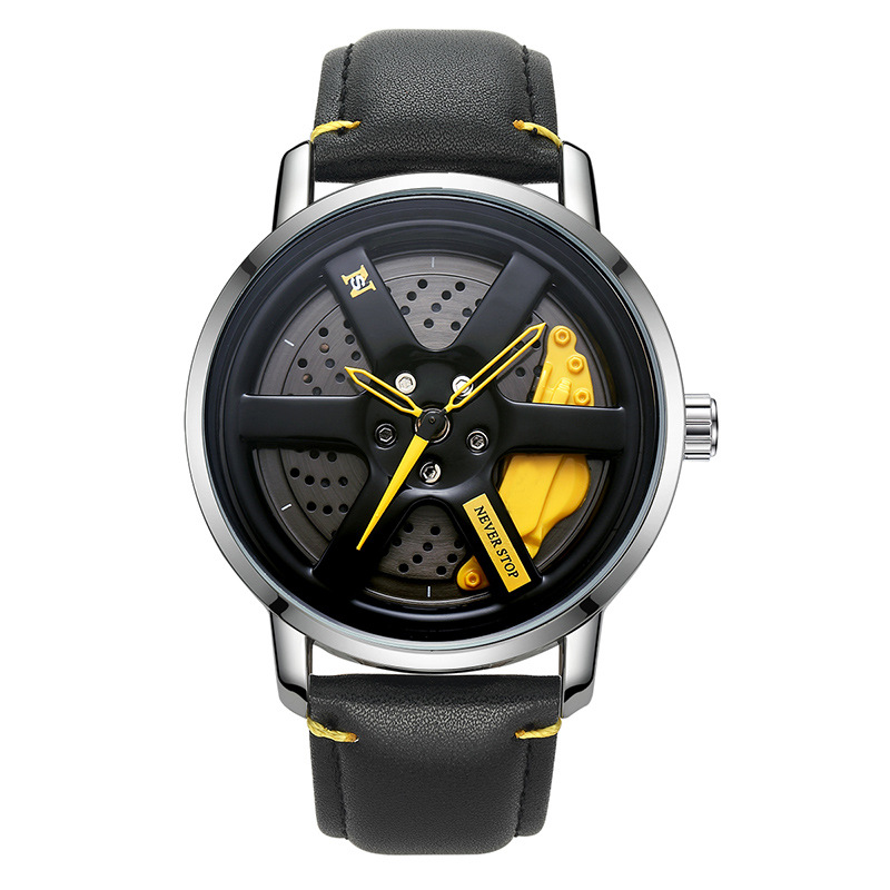 Reloj de UTHAI L98 para hombre, deportiva, personalidad, coche Hub 360 ° Reloj de pulsera de cuarzo para hombre de cuero resistente al agua con rotación: Rosa