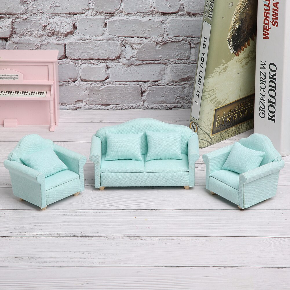 3pcs 1:12 Mini Doll House Cloth Sofa Cushion Set Dollhouse Furniture Dolls Room Decor Plaid Sofa Kids Children Play House Toy