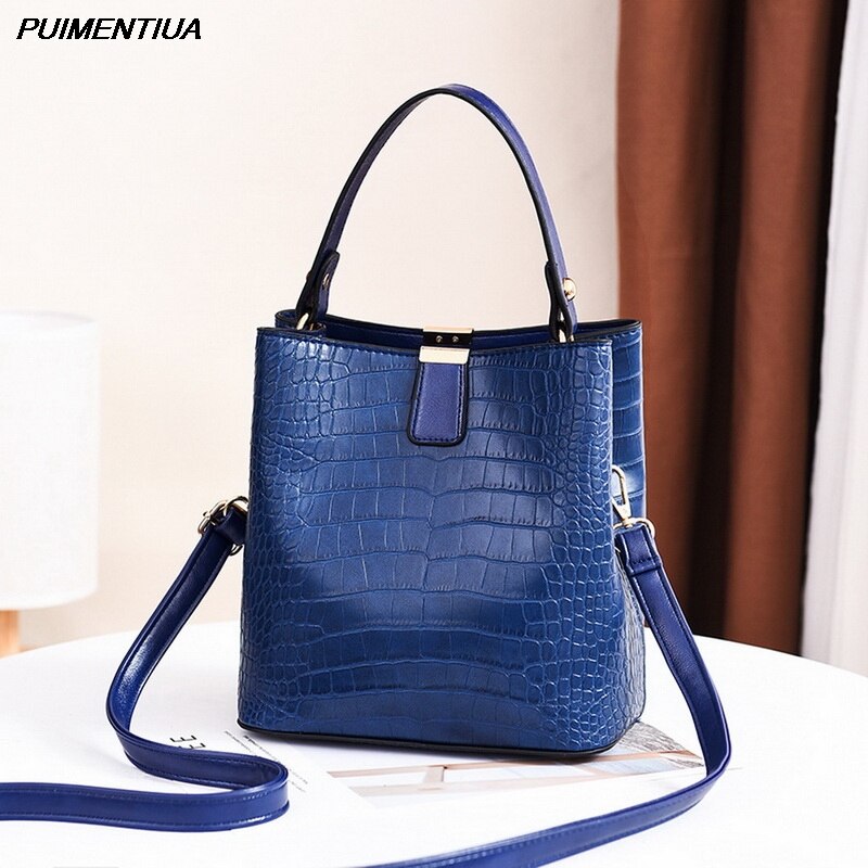 Puimentiua Retro Emmer Zakken Vrouwen Patroon Handtas Hoge Capaciteit Casual Krokodil Schouder Messenger Bags Dames Pu Portemonnee: navy