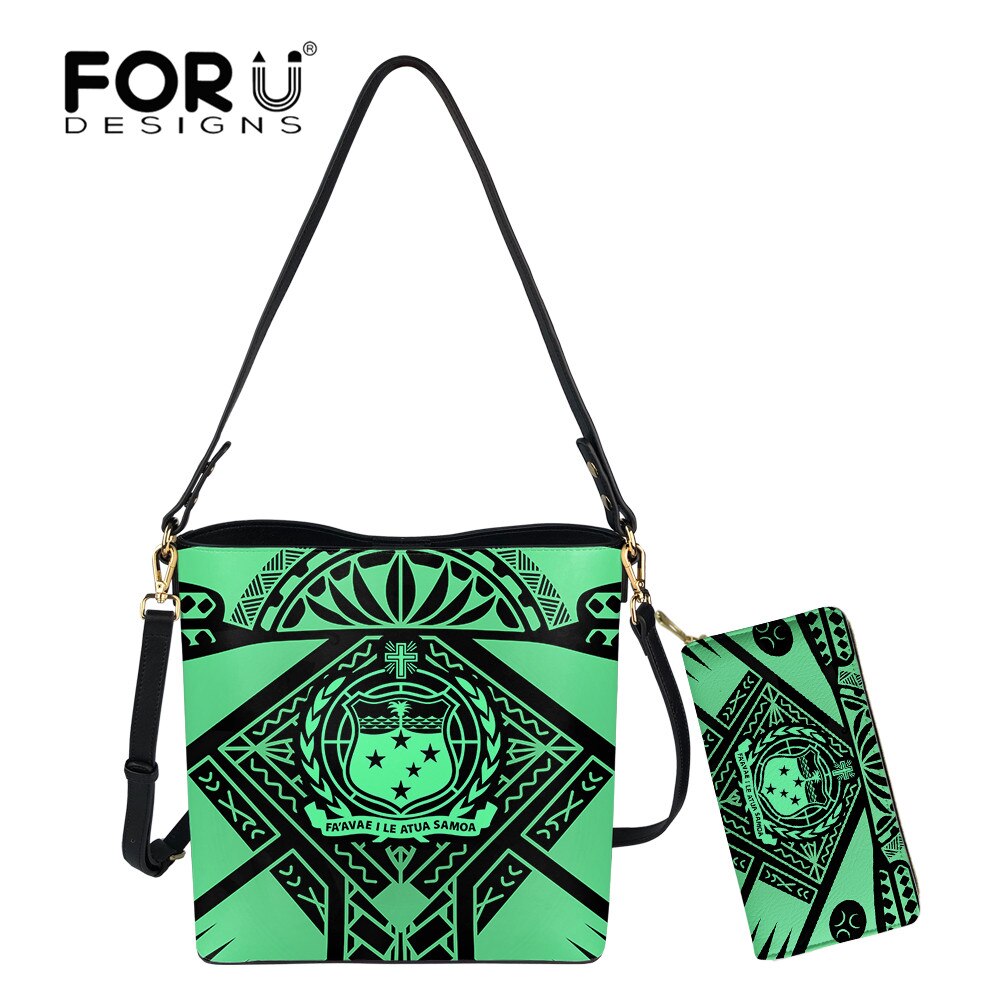 Forudesigns Vrouw Leahter Schoudertassen En Portemonnee Samoa Tribal Emmer Bag Lady Pu Top-Handvat Tas bolsa Mujer: HTE2050D61 Z21 / 2Pcs set