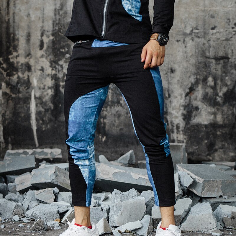 Trajes deportivos para hombre, Fitness, chaqueta de aspecto delgado, pantalones de , estilo callejero, entrenamiento de ocio, estampado, abrigo Casual, entrenamiento de gimnasio: XL / blue black pants