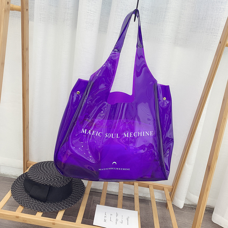 2019 Novo Saco Mulheres Bolsa de Ombro Grande Capacidade de saco de Praia PVC Transparente Geléia Bolsa Doces Casuais Tote Weekender Viagem Duffel Bag: Lavanda