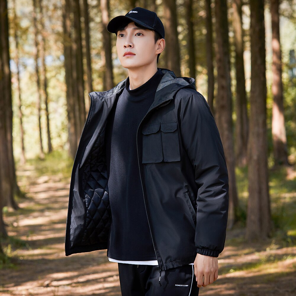 Pioneer Camp-Parkas de invierno para hombre, chaqueta informal cálida a prueba de viento para exteriores, color negro con cremallera, XMF023126,