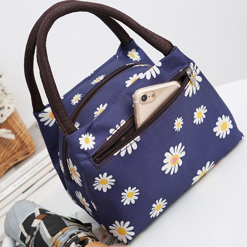 Bolsas de almuerzo para mujeres, lona funcional portátil, Impresión de flores blancas, aislamiento térmico, alimentos, Picnic, refrigerador para niños, fiambrera, bolsa de mano