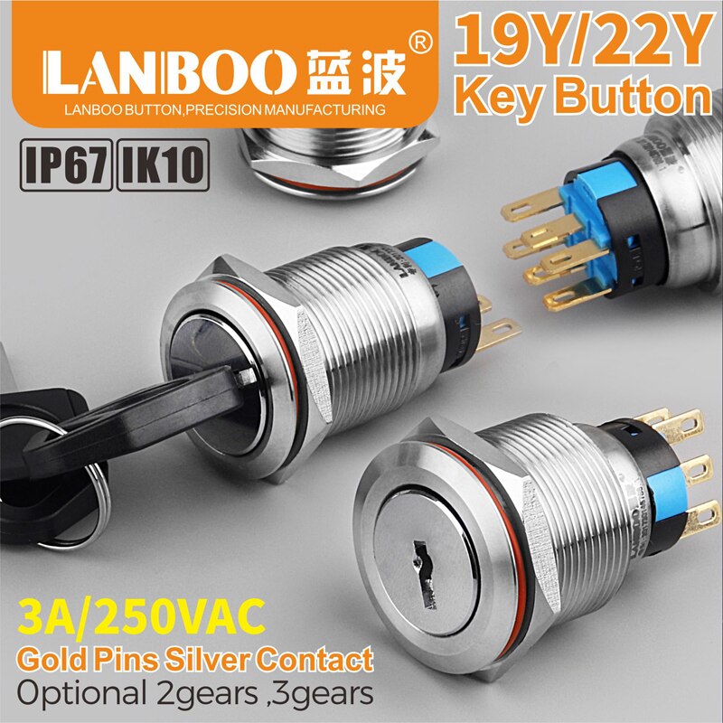 LANBOO 19/22mm Key Button SPST/DPDT vergrendeling metalen knop Schakelaar met 3A/250VAC