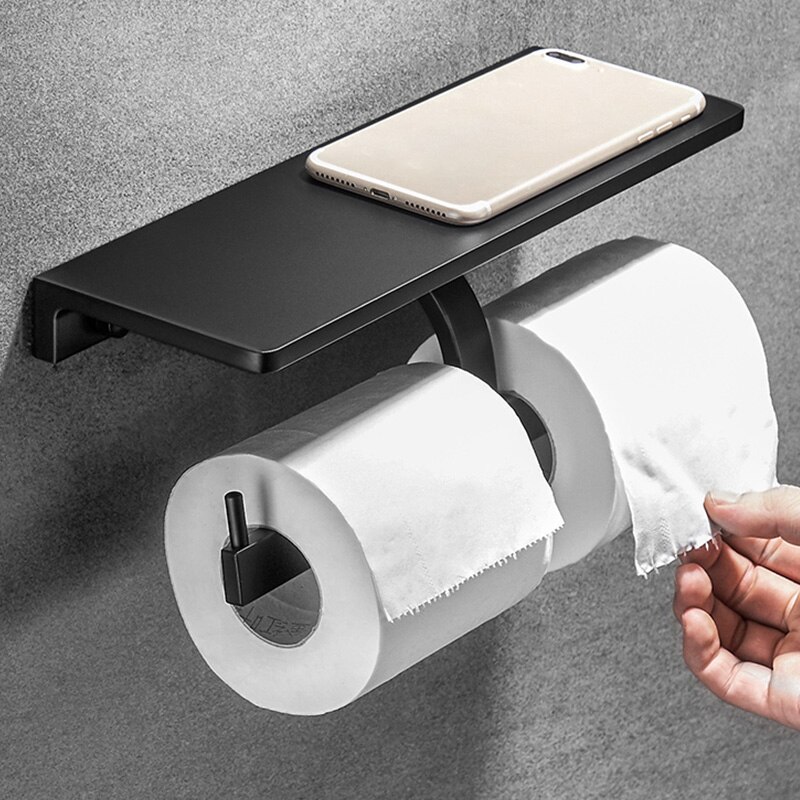 ROVOGO Matte Black Double Roll Toilet Paper Holder with Phone Shelf, Modern Style Bathroom Tissue Dispenser Wall-Mounted