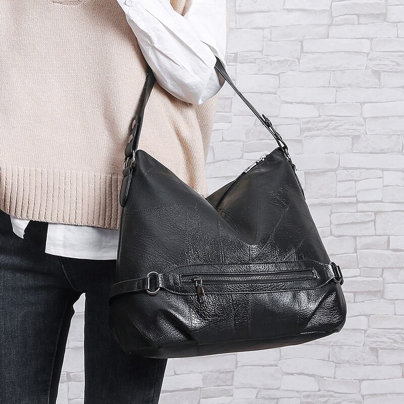 Grand sac fourre-tout noir pour femme avec fermeture éclair, sac à bandoulière multifonction de grande capacité, sacs à main en cuir, sacs hobo simples de couleur unie