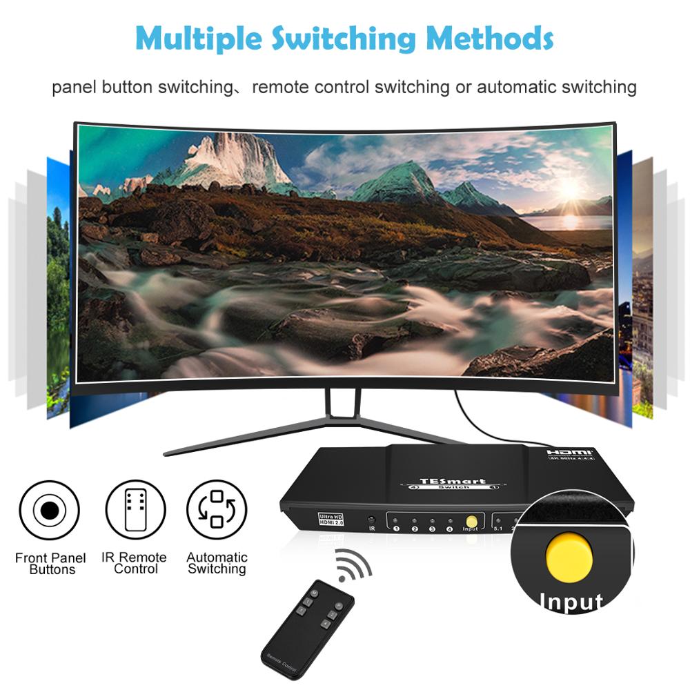 TESmart 4K HDMI Switch 1x4 Port 4 In 1 Out HDMI Switcher HDCP 2.2 Ultra HD With IR Remote HDR 10 S/PDIF L/R audio