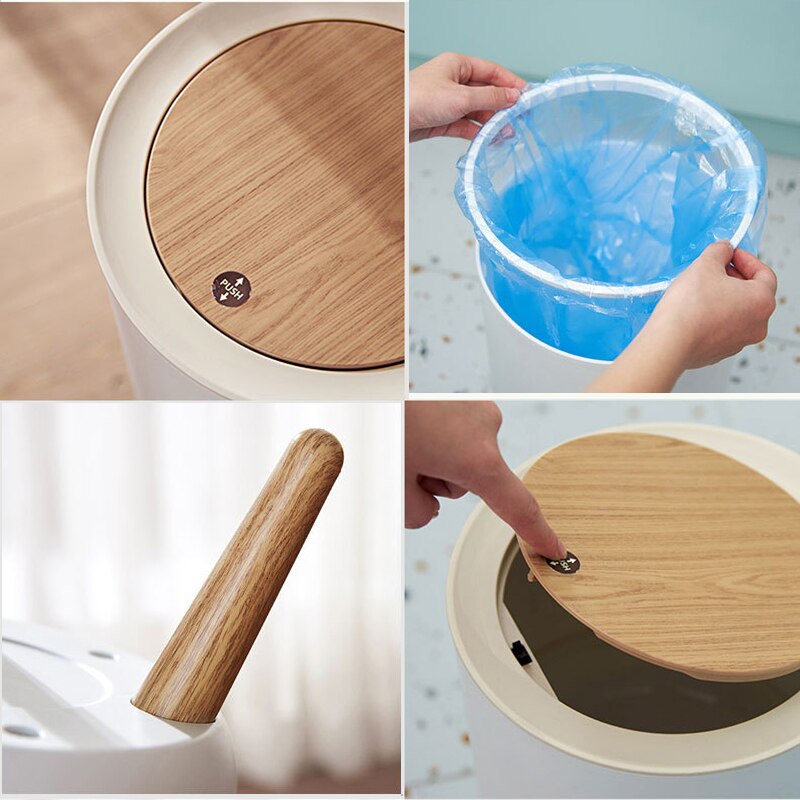 Mode Hoge Voet Imitatie Hout Vuilnisbak Ronde Desktop Met Druk Cover Prullenbak Woonkamer Wc Keuken Huisvuilemmer