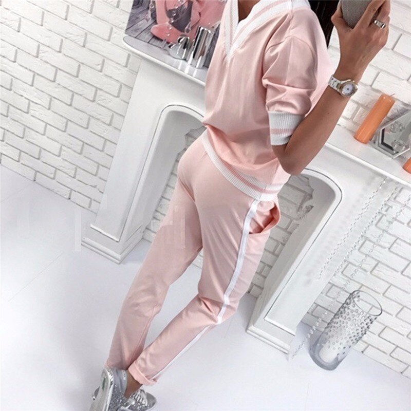 Women Sport Sets Fitness Running Jogging Suit Autumn Long Sleeve Loose Gym Sportswear V Neck Tops + Pants