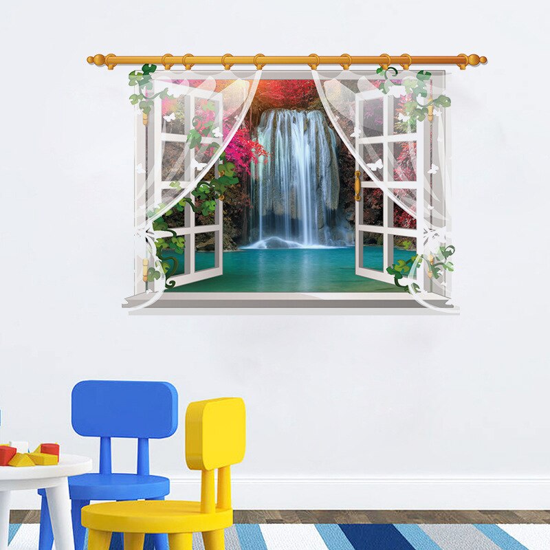 Waterfall water screen scenery false window landscape wall decal environmental protection Removable Wall Sticker