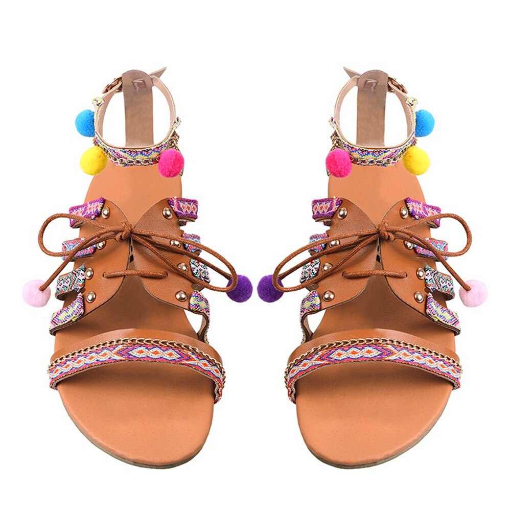 Zapatos bohemios de encaje sandalias de gladiador para niñas sandalias de cuero para mujer Sandalias Zapatos bajos para mujeres informales con correa y hebilla