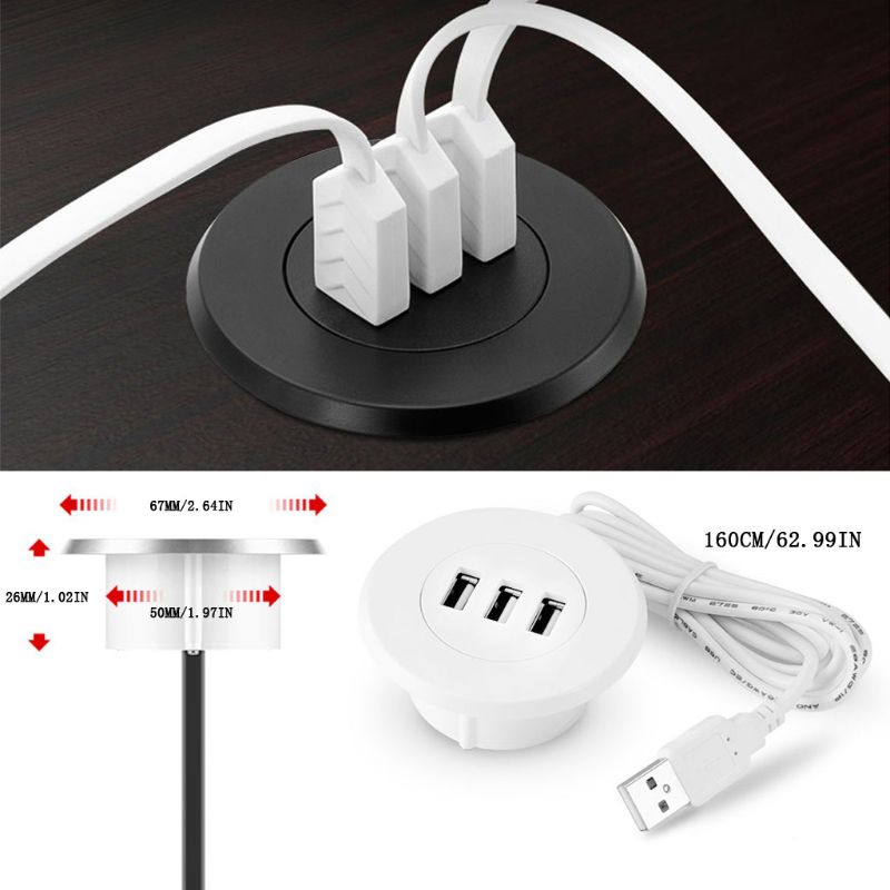 3 portar usb 2.0 nav 5cm genomgångshål i skrivbordsmontering usb 2.0 nav för bärbar dator