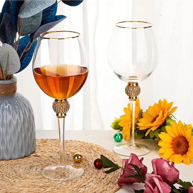 Juego de copas de vino con borde dorado de cristal, 2 uds., , con diamantes de imitación, decorativo, tallo largo, flautas de champán, de copa de cóctel