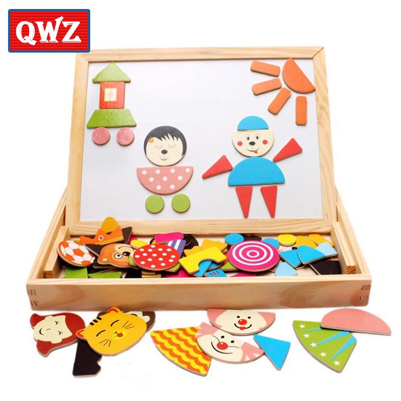 Multifunctional Wooden Magnetic Puzzle Toys Children 3D Puzzle Figure/Animals/ Vehicle /Circus Drawing Board Learning Wood Toys: QWZ091-new-N