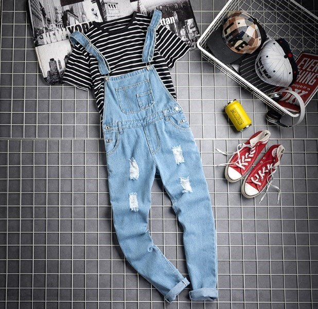 Mænd afslappet blå et stykke ærmeløs denim jumpsuit herre ripped jeans overalls lomme cowboy hip hop selebukser plus str.: Himmelblå / Xl