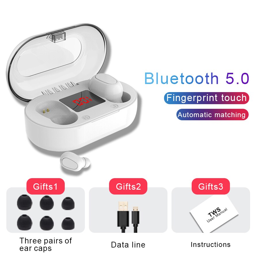 TWS Bluetooth Earphone With Microphone LED Display Wireless Bluetooth Earbuds Earphones Waterproof Noise Cancelling Headsets: White
