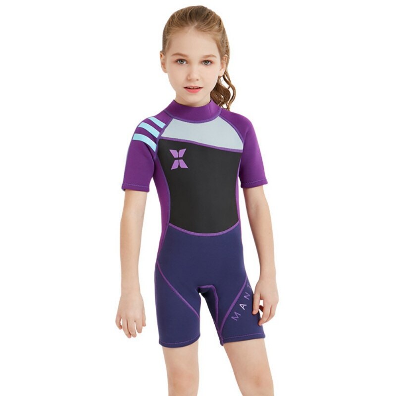 Kids Wetsuits Duiken Pakken voor Jongens Meisjes Kinderen Surfen Zwemmen Surfen Drifting Badpak Een Stuk Nat Pak Shorty Badpak: BLACK PURPLE / M