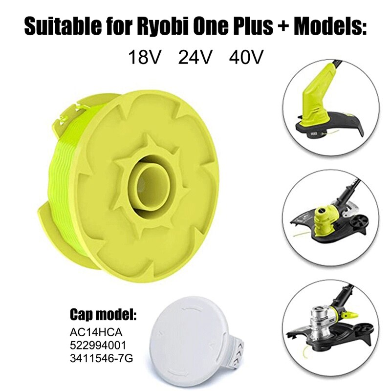 Replacement Trimmer Spool For Ryobi One Plus AC80RL3 18V 24V 40V With AC14HCA String Trimmer Cap Covers (10 Spool+2 Cap)