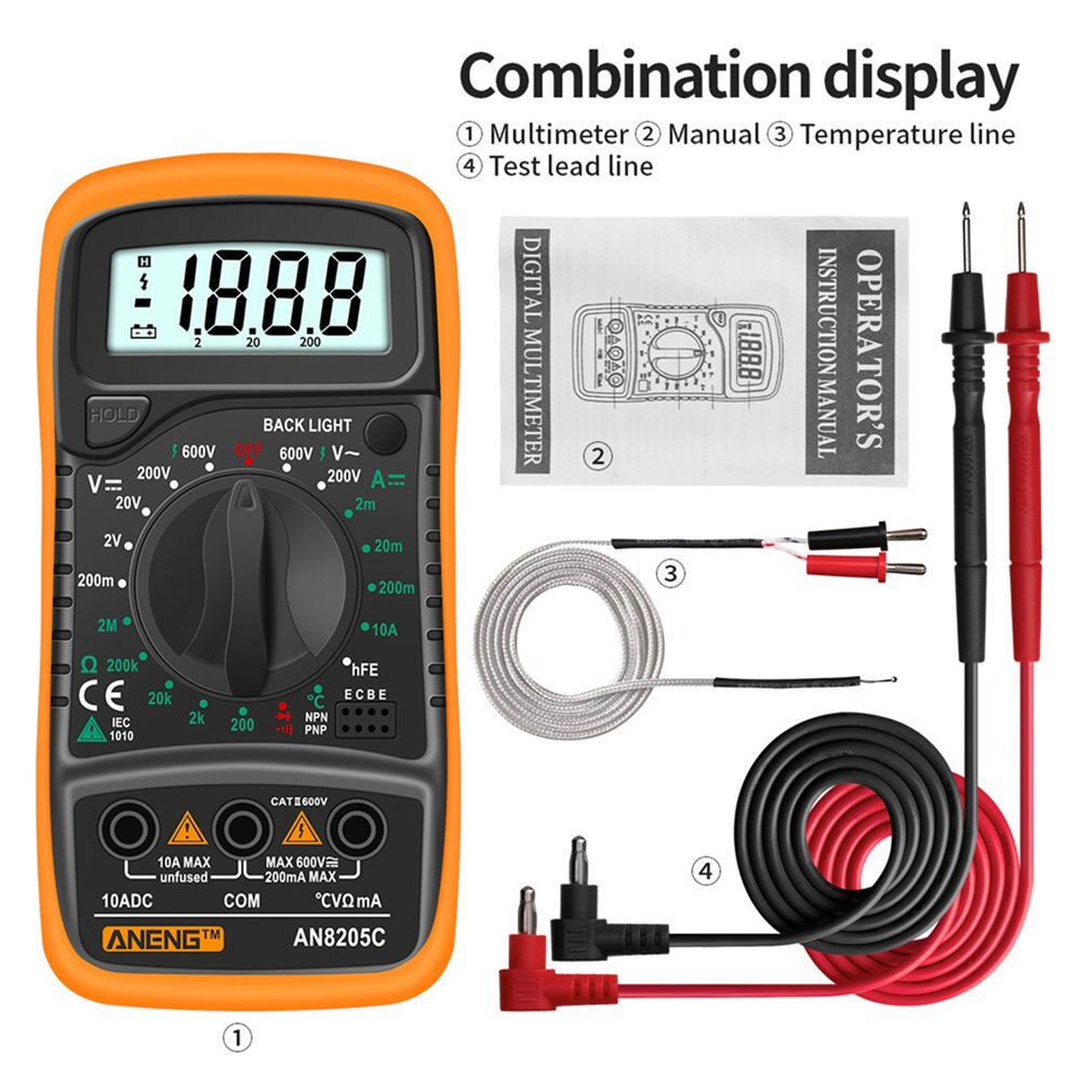 ANENG AN8205C Digital Multimeter AC/DC Ammeter Volt Ohm Test Meter Profession Multimetro With Thermocouple LCD Backlight Display