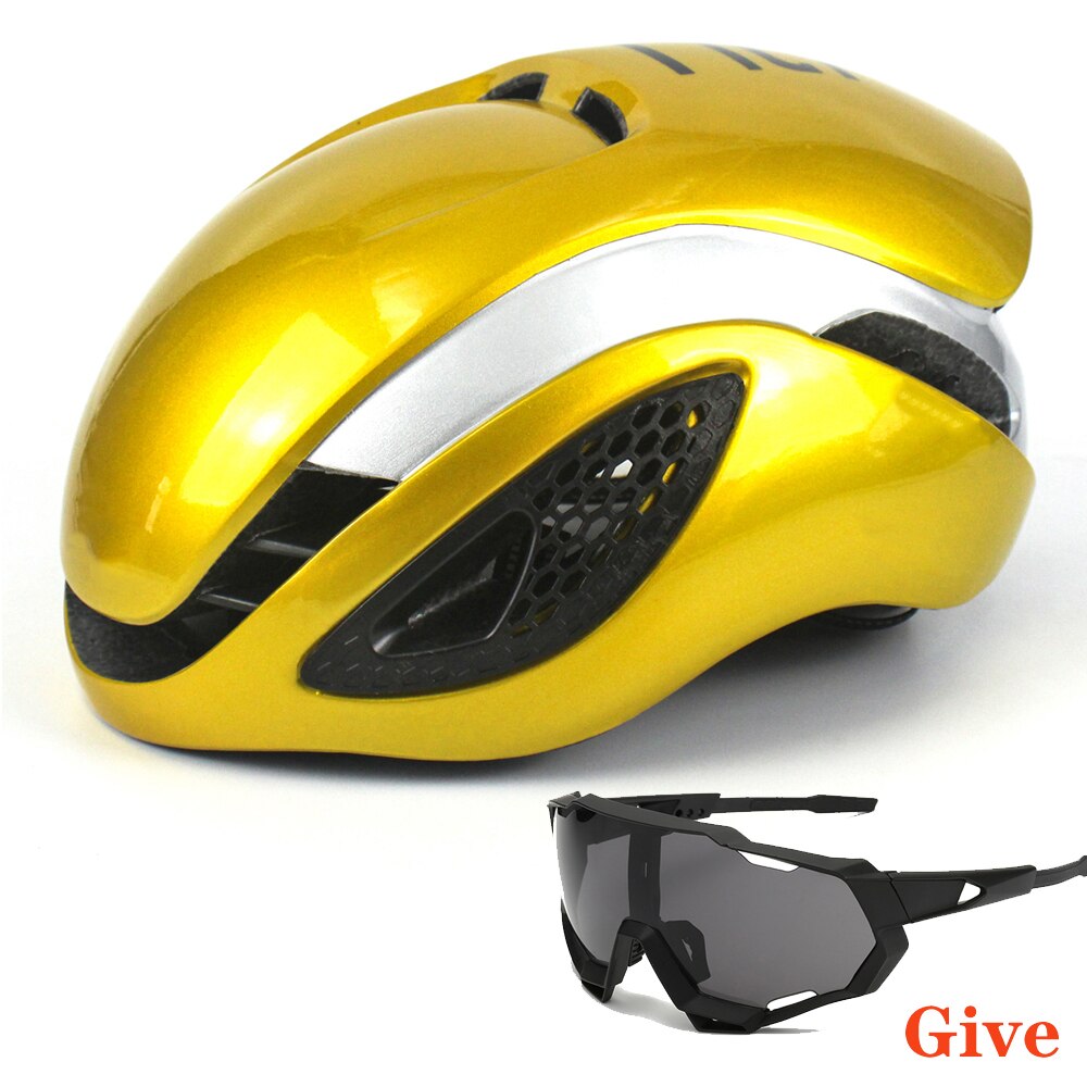 Unisex Aero Bicycle Helmet Air Integrally Road Bike Helment Mens Time-Trial Women Mountain Bike Safety Caps Riding Hats 54-60cm: gold