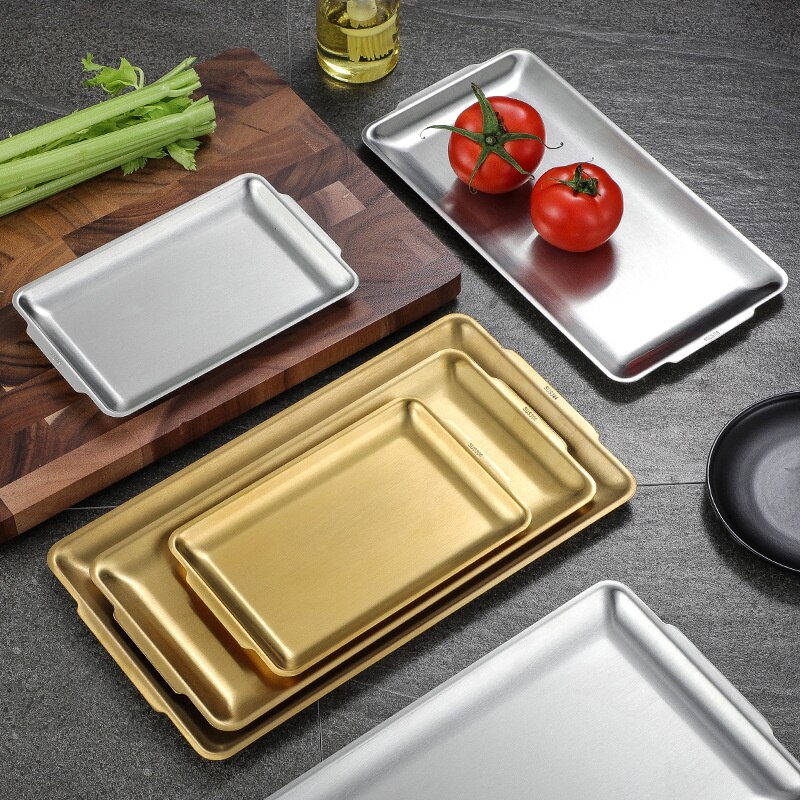 Stainless Steel Serving Dishes Grill Plates Restaurant Gold Serving Tray Rectangular Dessert Cake Snack Dishes Plate Cutlery