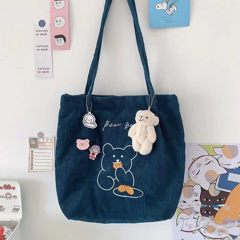 2021 Shopper Shopping Bag da donna borsa a tracolla in tela borse a mano femminili borsa a tracolla pieghevole riutilizzabile in velluto a coste: Blue Chapter Bear