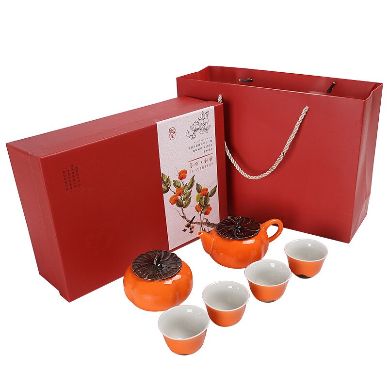 Kiln Sealed Moisture-proof Ceramic Tea Caddy Pure Color Pu'er Tea Black Tea Green Tea Storage Tank Persimmon Tea Caddy: The tea set is shown