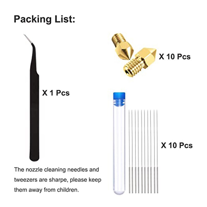 3D Printer Nozzle Kits 10Pcs Extruder Nozzles + 10Pcs Cleaning Needles + 1Pcs Tweezers for ender 5 3 Creality Mk8 Nozzle Pack