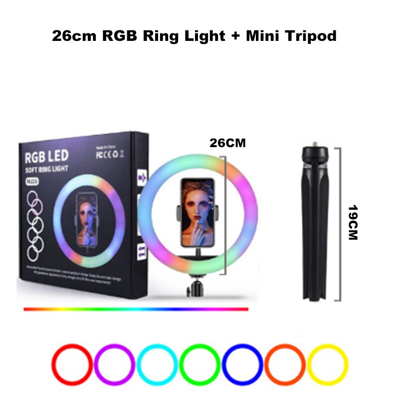 10 inch RGB Led Ring Fill Light With Tripod Mobile Phone Holder Lamp For Live Video Photography Colorful Selfie Lighting 26cm: 26cm rgb mini tripod