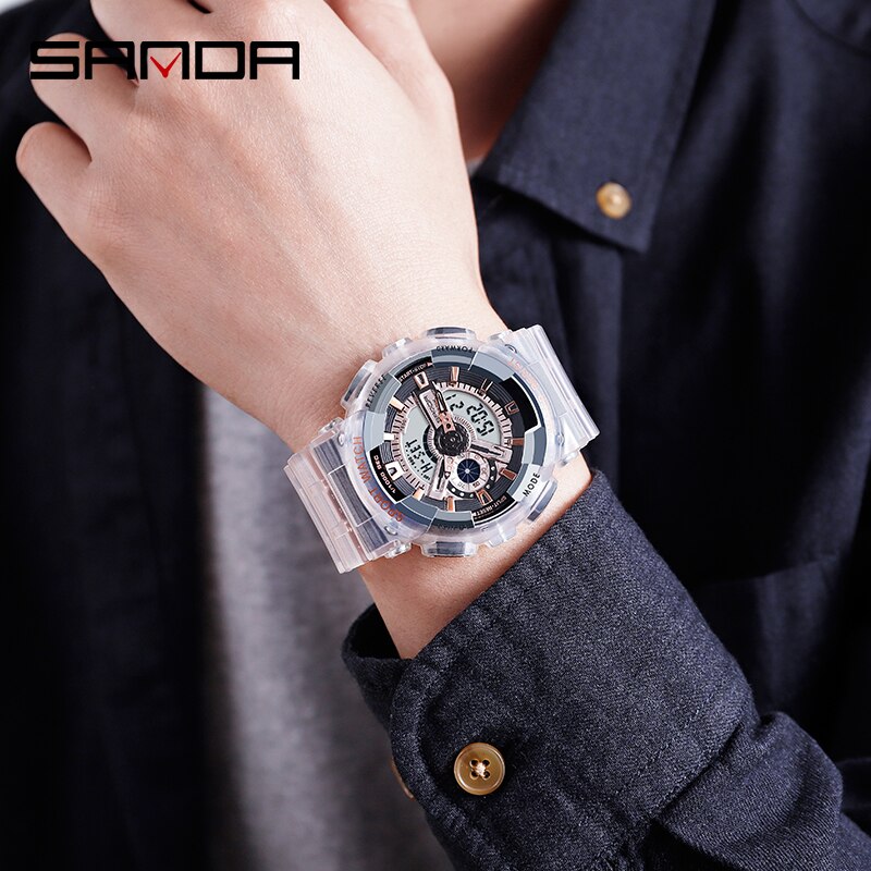 SANDA montre hommes et femmes montres transparentes étanche multi-fonction lumineux sport Double affichage Couple montre électronique