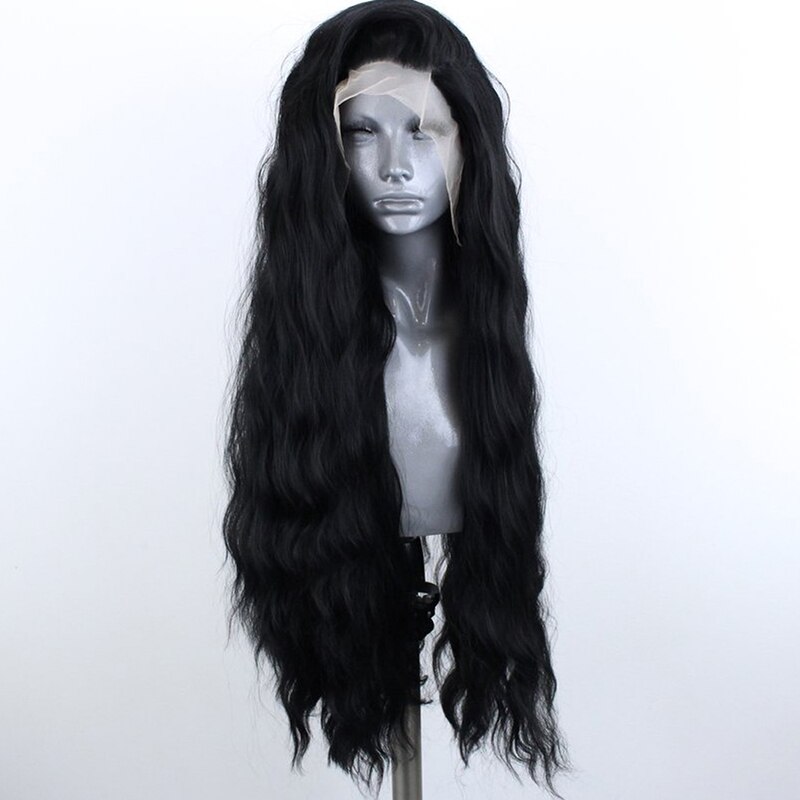 Pelucas de QUINLUX pelucas de onda largas y negras resistentes al calor de fibra de pelo pelucas de encaje sintético para mujeres pelucas de maquillaje de uso diario: 22 pulgadas
