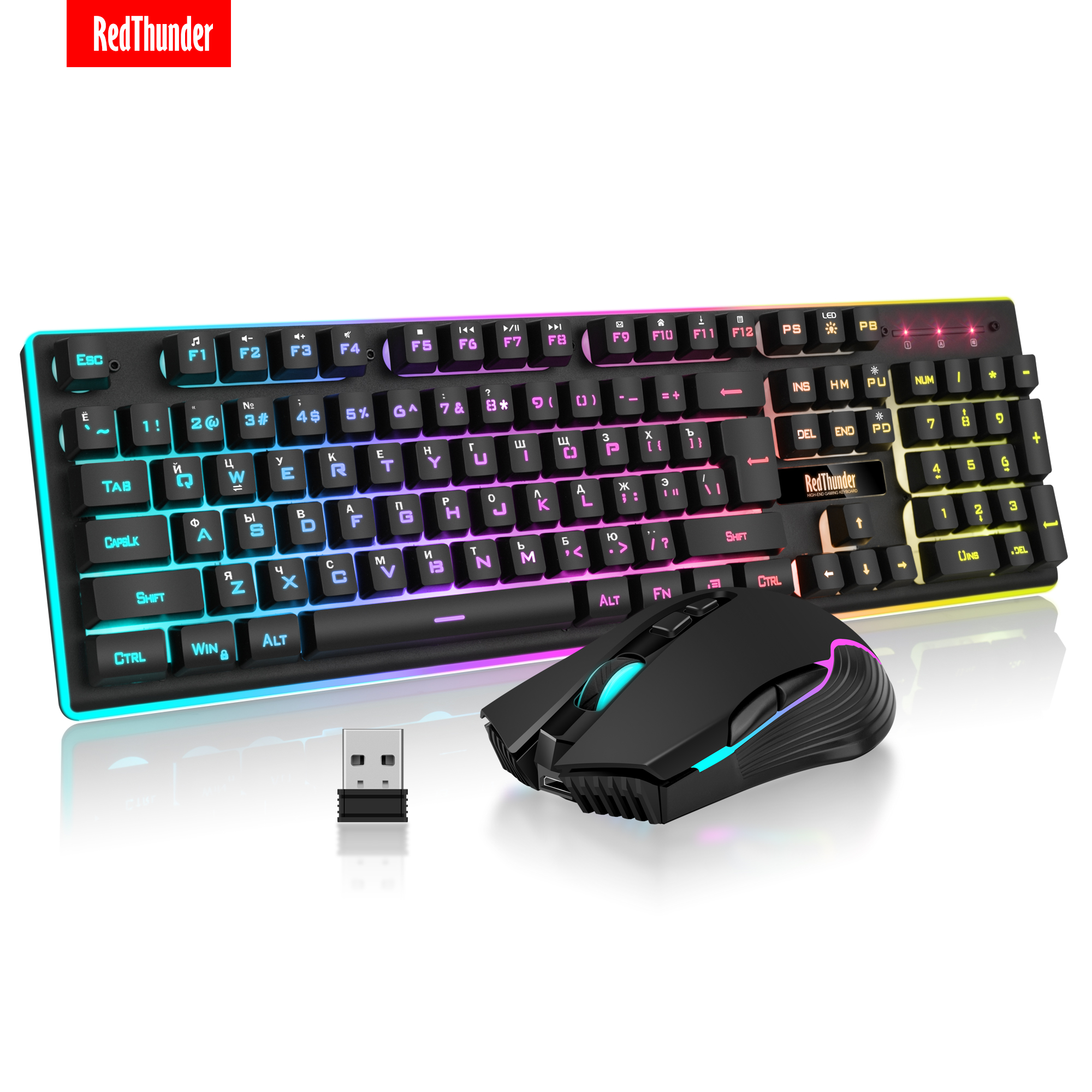 Redthunder  k10 trådløst gaming tastatur og mus combo, led baggrundsbelyst genopladeligt 3800 mah batteri, mekanisk fornemmelse anti-ghosting