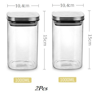 Sealed Glass Candy Jars Stainless Steel Cover Cereal Dispenser Transparent Tea Box Household Kitchen Desktop Storage Containers: TWO-1000ml