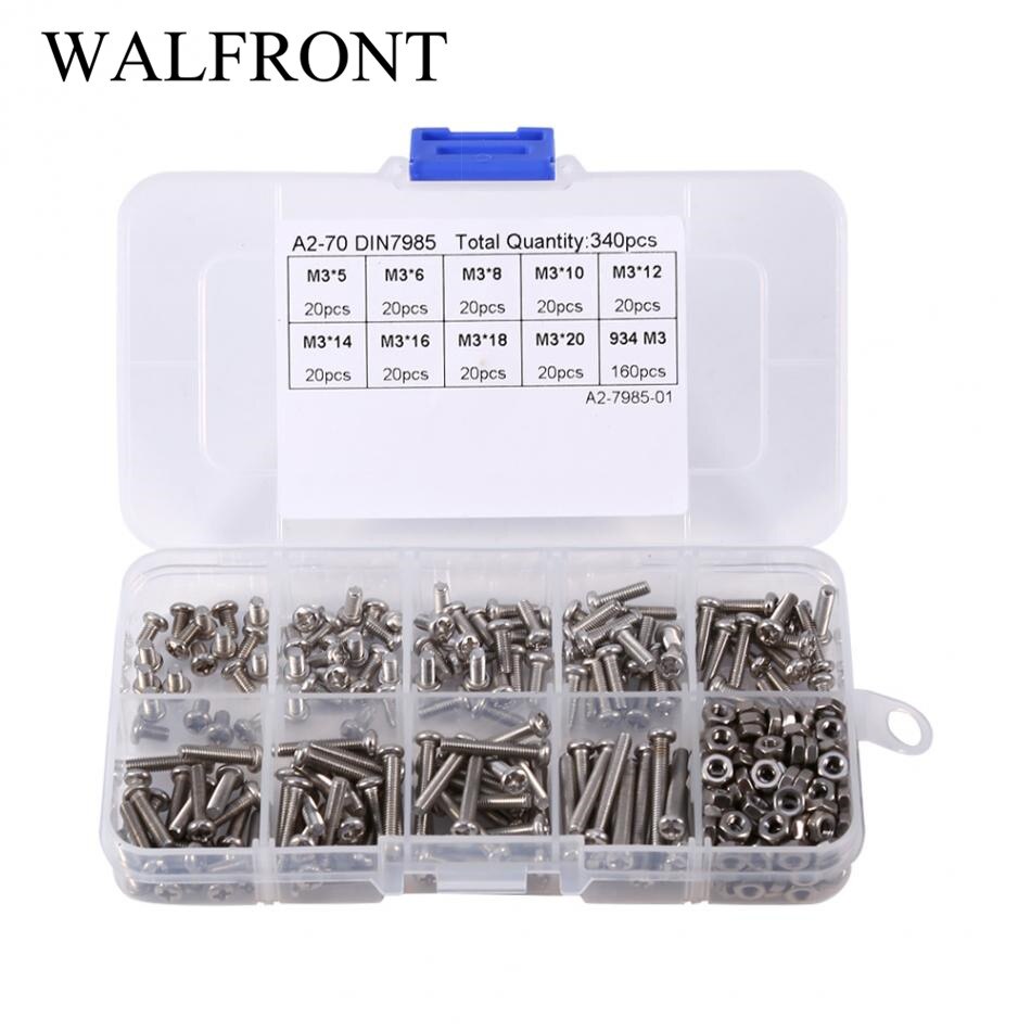 Juego de tuercas y tornillos de acero inoxidable, surtido de tornillos, tuerca M3, Tornillos de cabeza troncocónica, 340 uds.