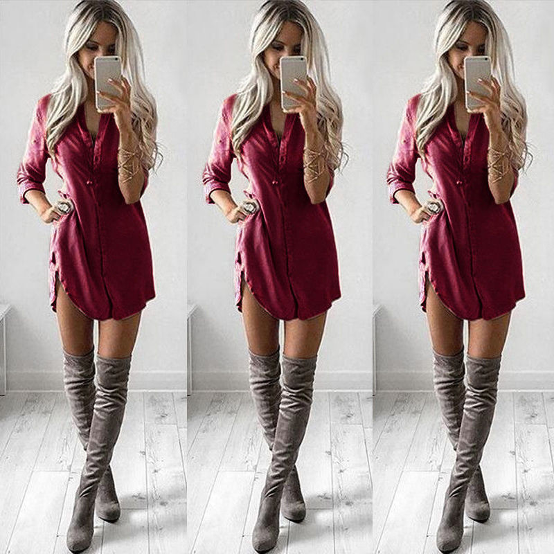 Dames overhemdjurk zomer casual losse lange mouw blousejurk vakantiejurken vestidos: C / M