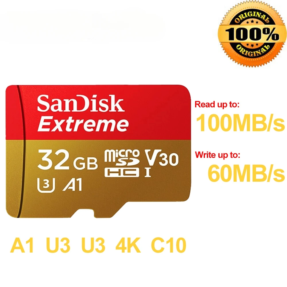 100% SanDisk Extreme MicroSD Card U3 A2 Memory Card V30 256GB 128GB 64GB 32GB Original TF Card A1 for Camera 512gB 1TB SDXC tf: 256MB