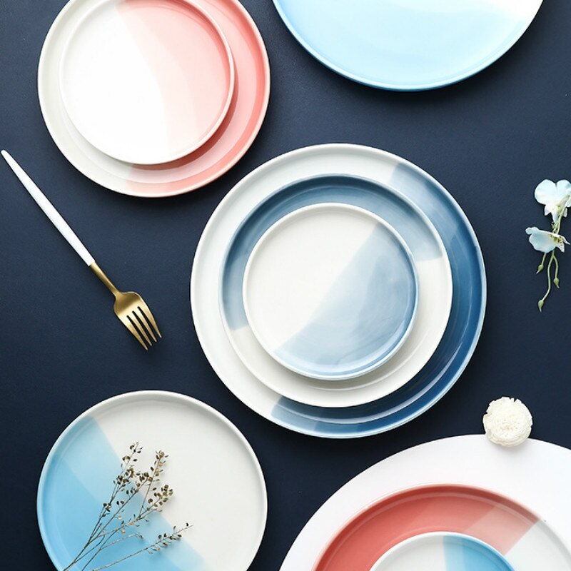 20cm/25cm Gradient Color Tableware Plate Nordic Ceramic Steak Pasta Salad Plate Family Hotel Dessert Tray