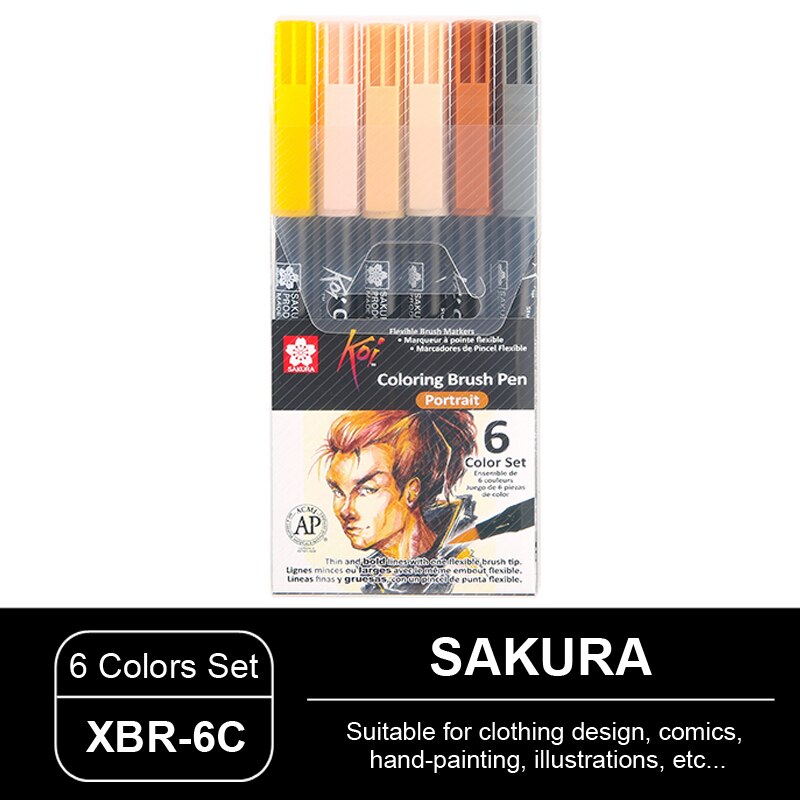 Juego de plumas de acuarela para colorear, pluma de cabeza suave de SAKURA de Japón, XBR, ilustración de cómic pintada a mano, secado rápido sin olor: XBR-6C