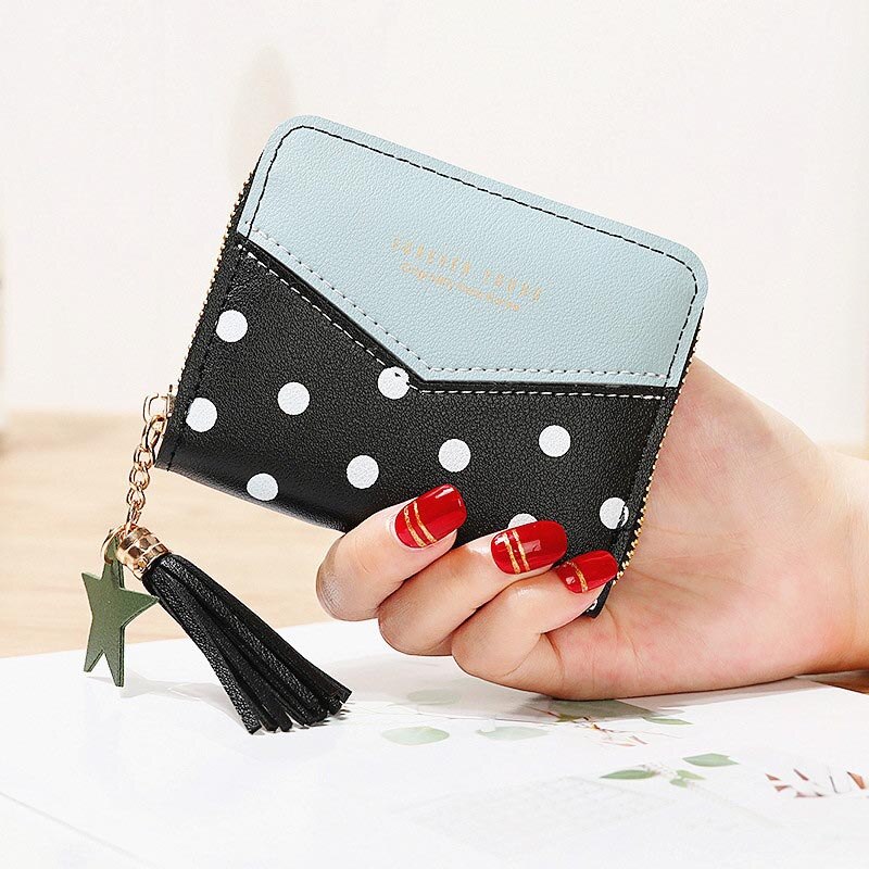 Korte Portemonnees Dame Portemonnee Kwasten Rits Vrouwen Dots Wallet Bag Kaarten Id Houder Meisjes Portefeuilles Geldzakken Notecase Pocket Poucht: Blue