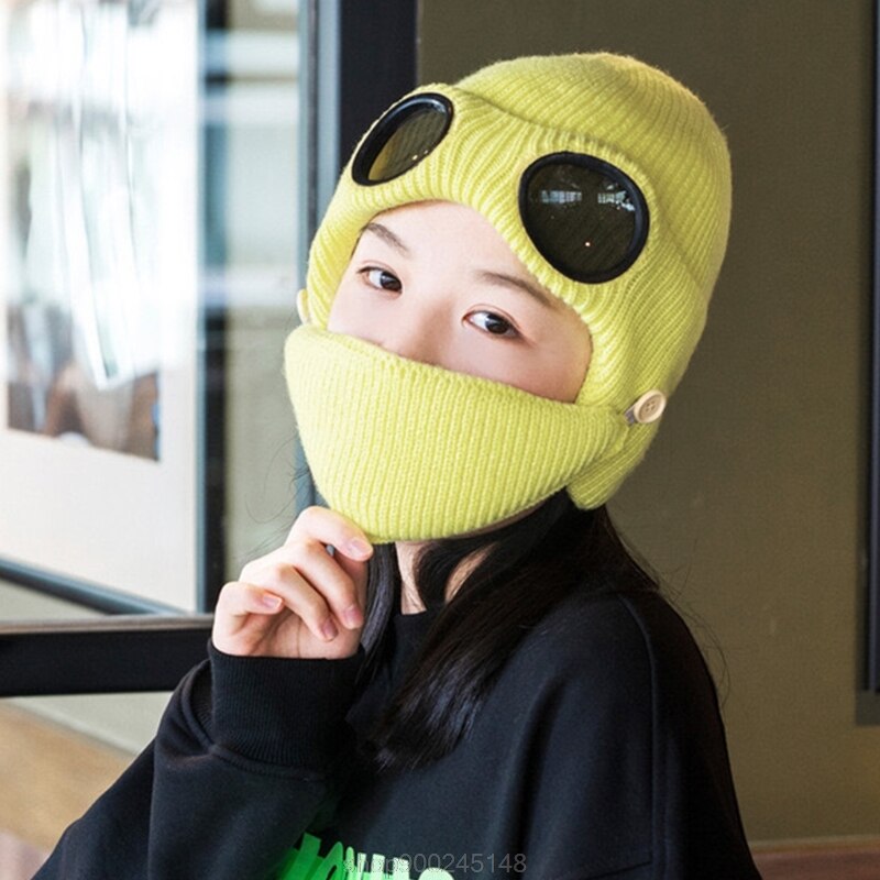 2 In 1 Ribbed Knit Beanie Hat Mouth Mask Set Warm Windproof Snow Cuffed Earflap Cap with Glasses Goggles N03 20